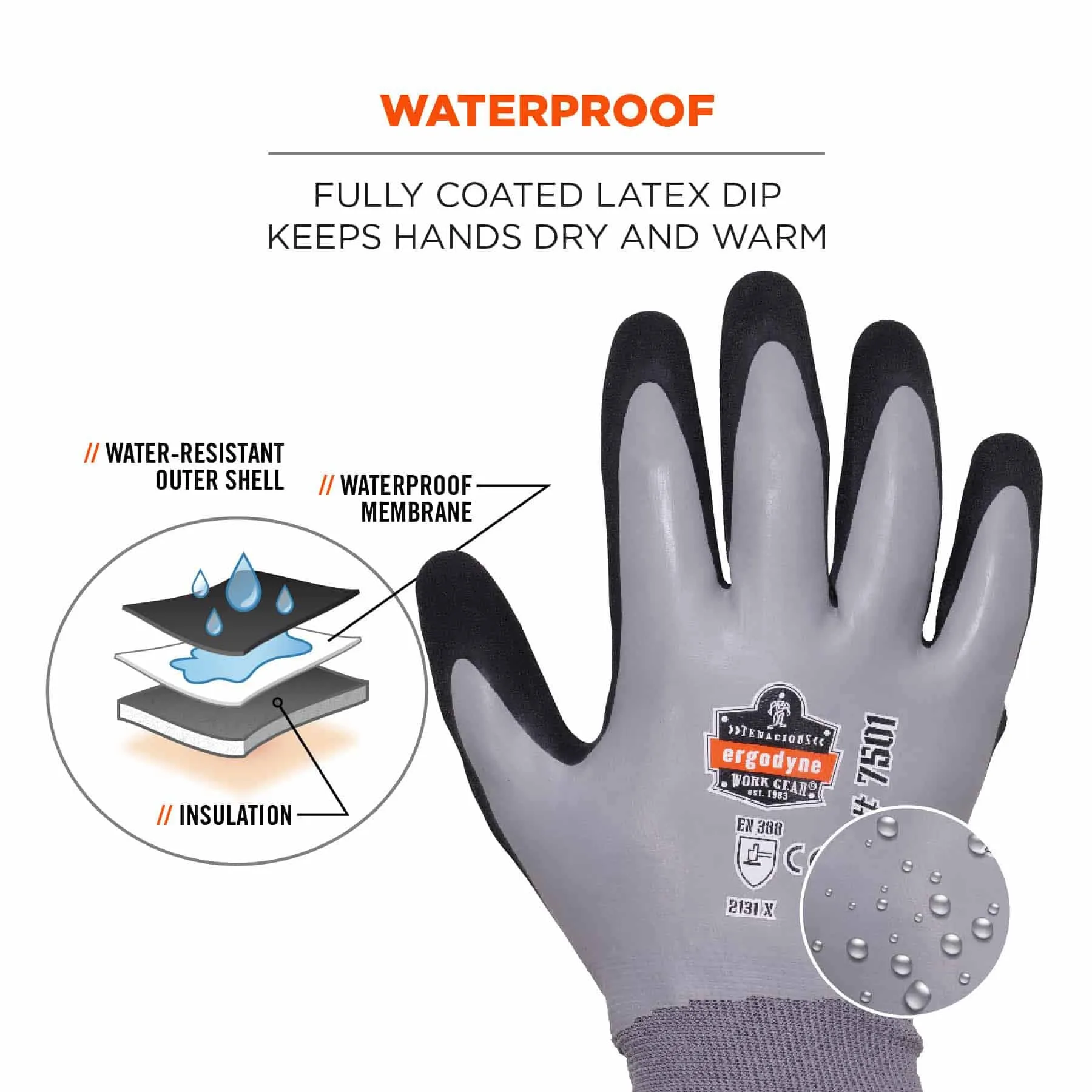 Ergodyne 17936 7501-CASE 2XL Gray Coated Waterproof Winter Gloves 144-Pair