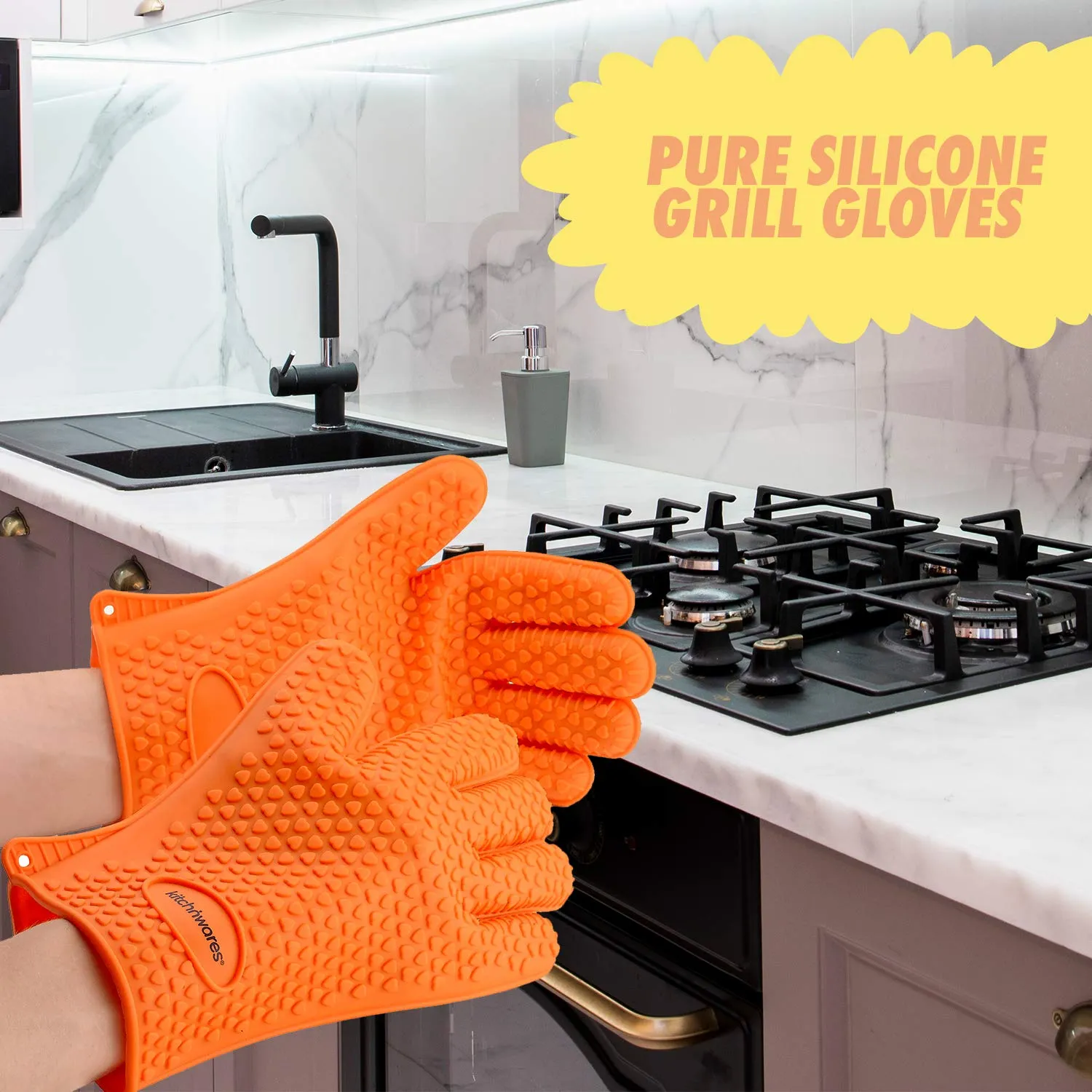 Kitch N Wares Heat Resistant Silicone Gloves - Orange - Great for Use in Kitchen