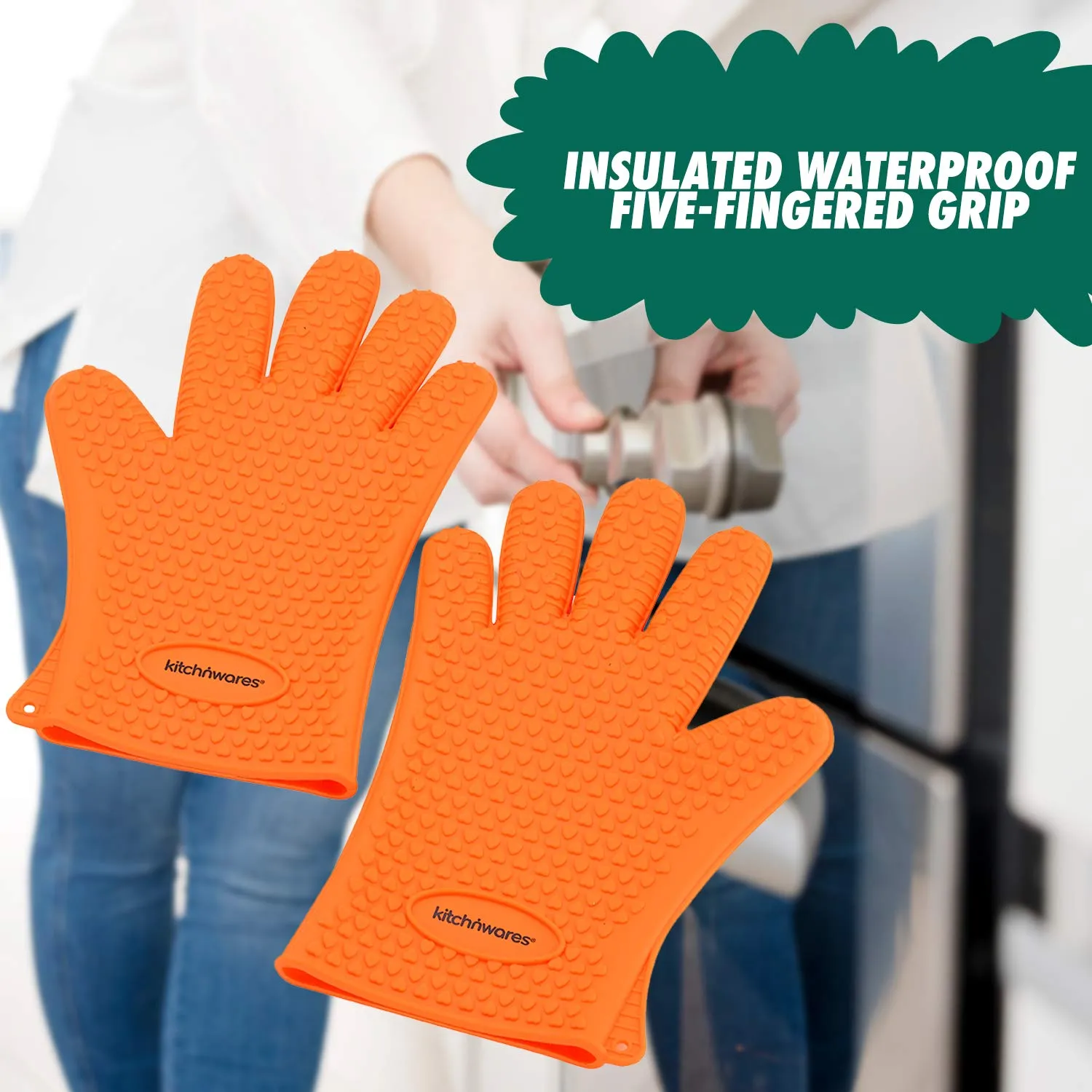 Kitch N Wares Heat Resistant Silicone Gloves - Orange - Great for Use in Kitchen