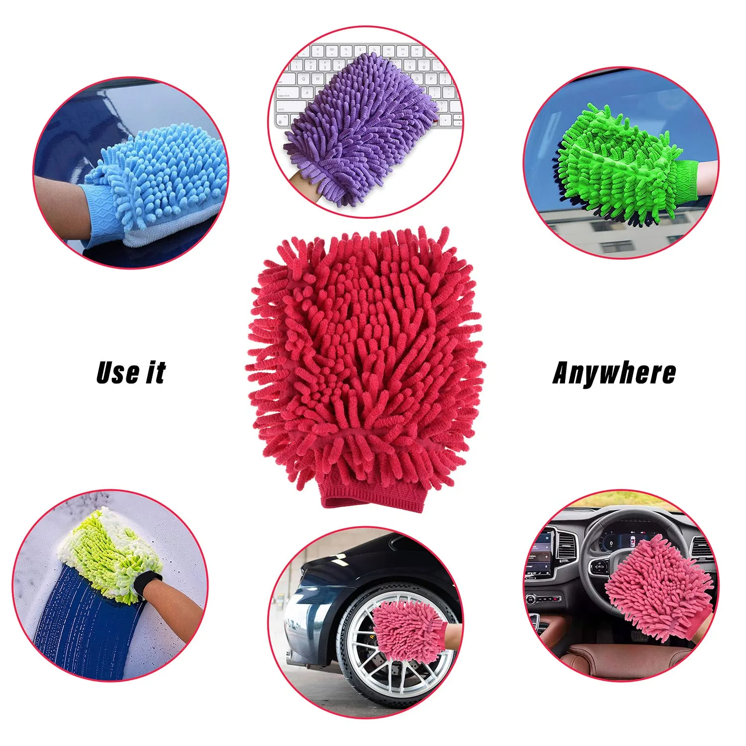 Kuber Industries Chenille Mitts|Microfiber Cleaning Gloves|Inside Waterproof Cloth Gloves|100 Gram Weighted Hand Duster|Chenille Gloves for Car|Glass|Pack of 2 (Blue & Dark Pink)