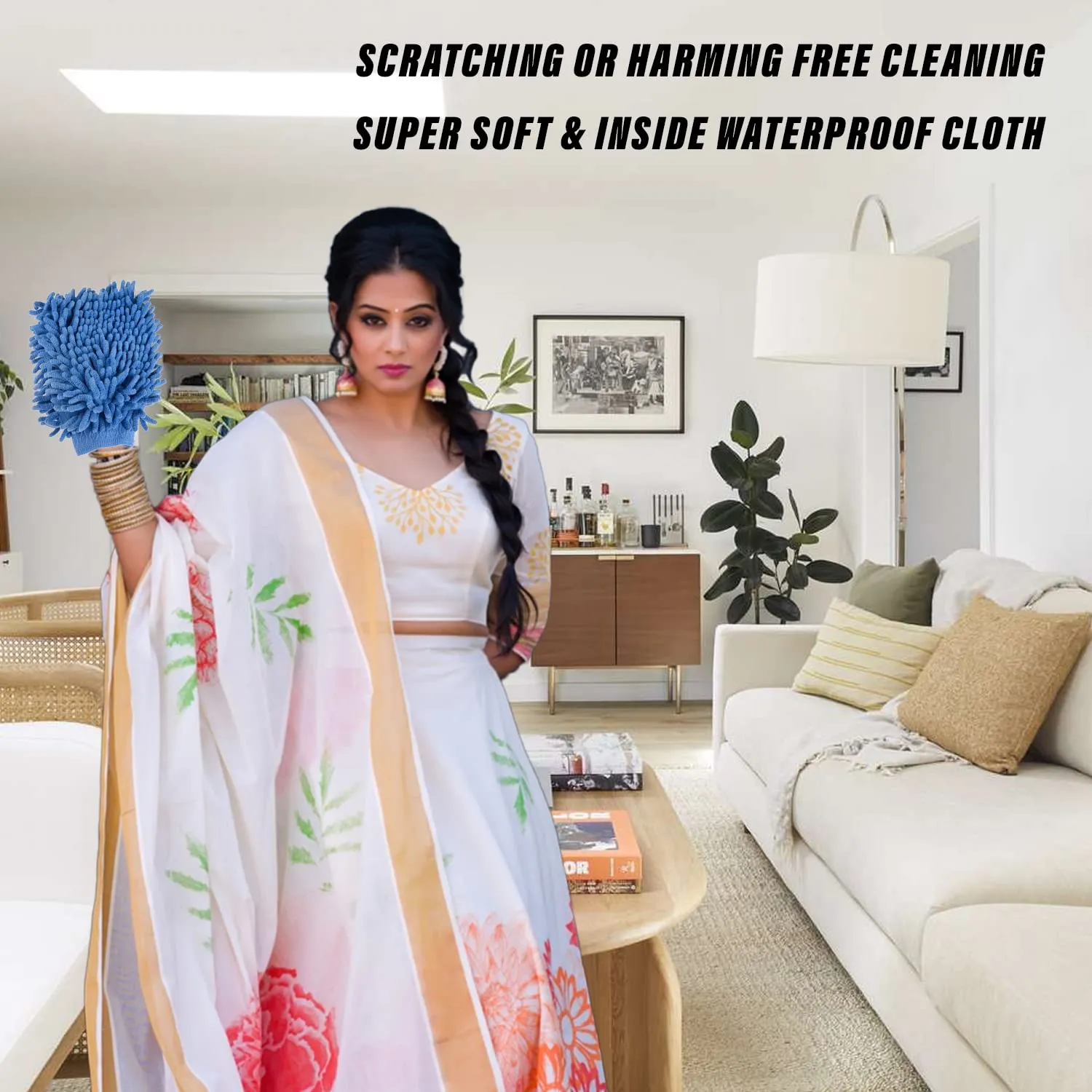 Kuber Industries Chenille Mitts|Microfiber Cleaning Gloves|Inside Waterproof Cloth Gloves|100 Gram Weighted Hand Duster|Chenille Gloves for Car|Glass|Pack of 2 (Blue & Dark Pink)