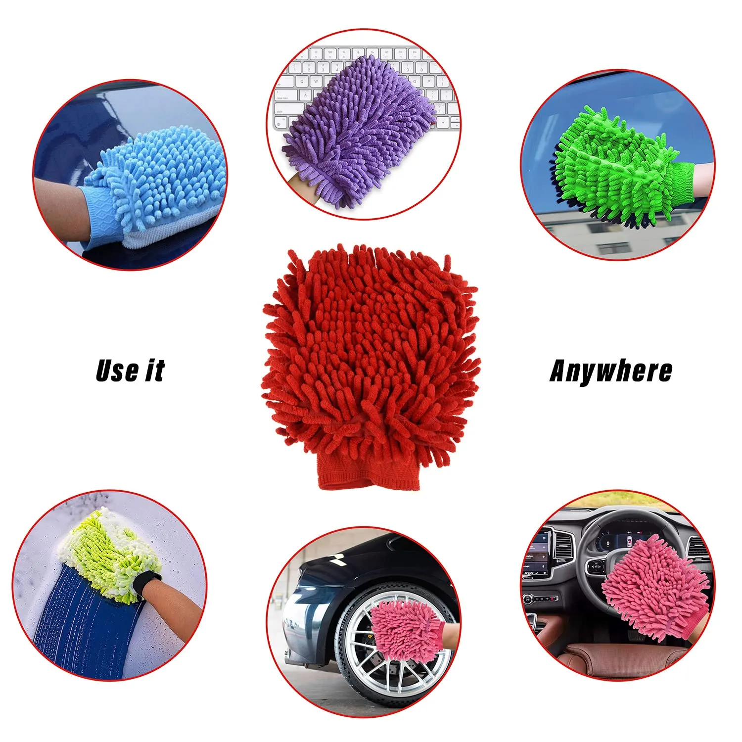 Kuber Industries Chenille Mitts|Microfiber Cleaning Gloves|Inside Waterproof Cloth Gloves|100 Gram Weighted Hand Duster|Chenille Gloves for Car|Glass|Pack of 4 (Red)