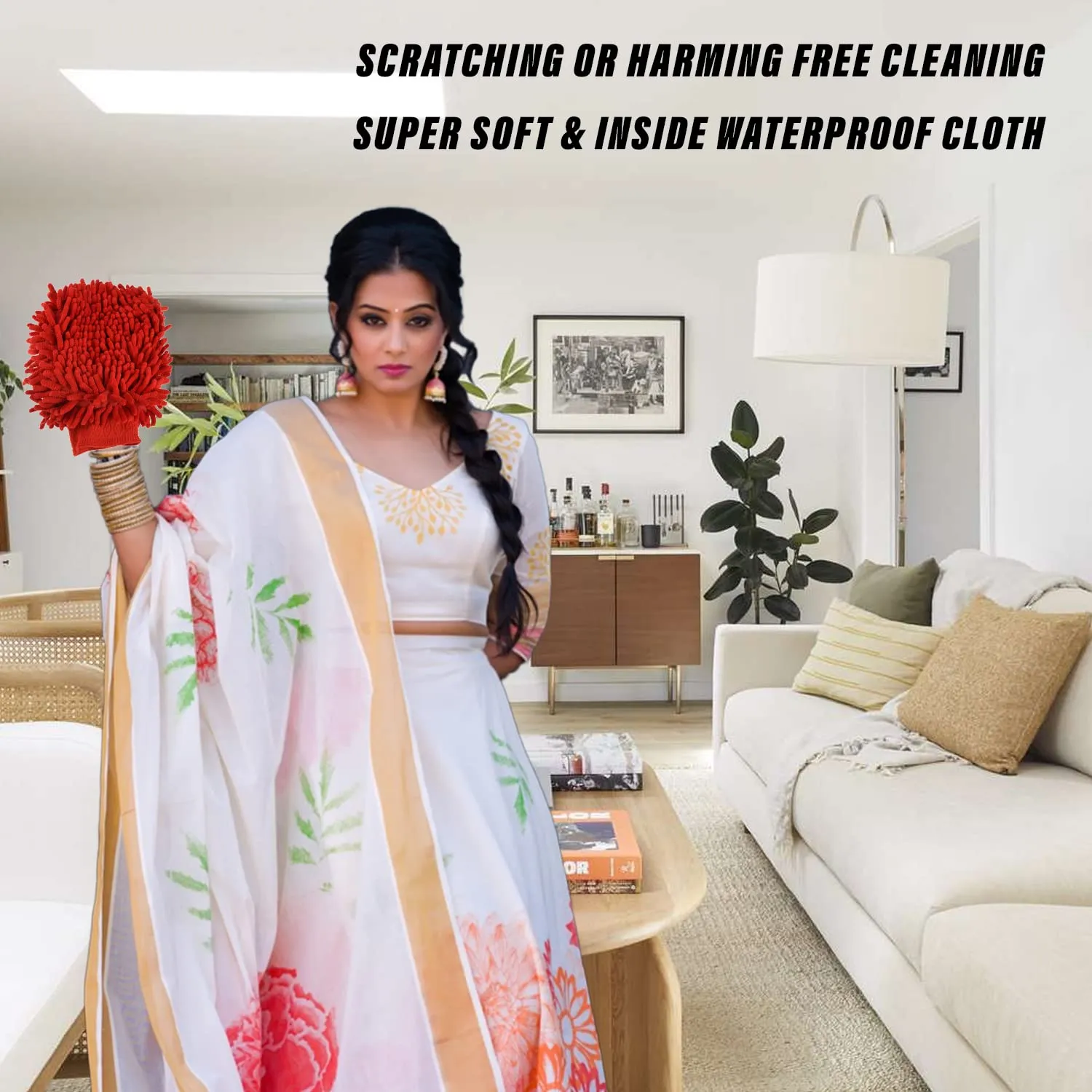 Kuber Industries Chenille Mitts|Microfiber Cleaning Gloves|Inside Waterproof Cloth Gloves|100 Gram Weighted Hand Duster|Chenille Gloves for Car|Glass|Pack of 4 (Red)