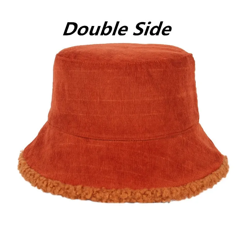 SHATANGJU Winter Bucket Hats Women Warming Panama Hat Lady Fluffy Corduroy Double-Side Wear Outdoor Fisherman Cap Hat for Women